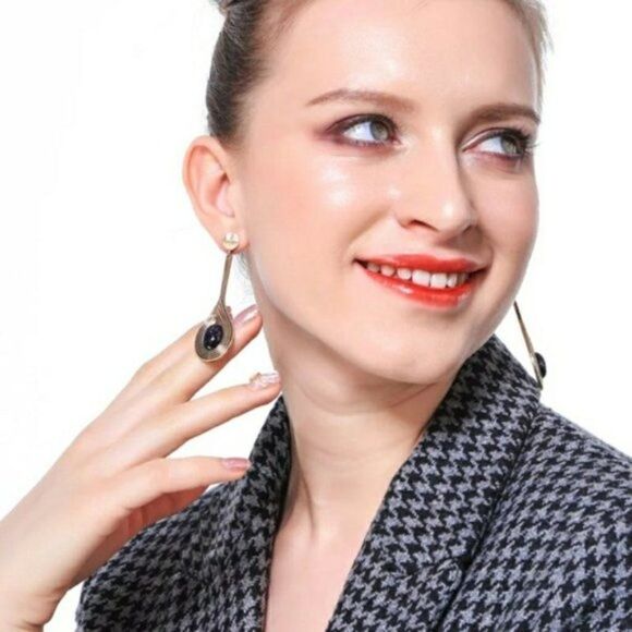 Blue Resin Rhinestone Vintage Gold Drop Dangle Statement Earrings - Picture 4 of 10